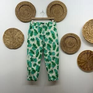 J. Crew Green White Cropped Crop Palm Print Linen Cotton Drawstring Pant 10